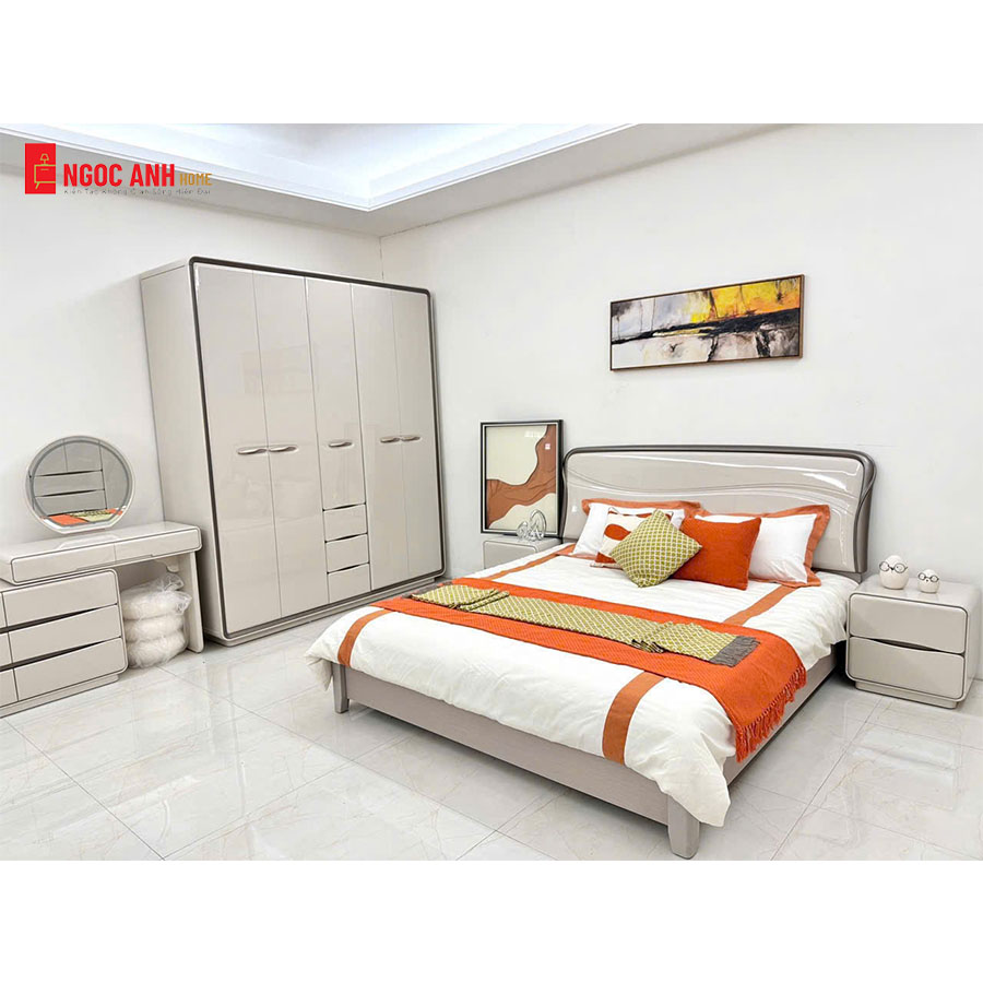 BỘ GIƯỜNG TỦ NHẬP KHẨU HIỆN ĐẠI TONE TRẮNG KEM